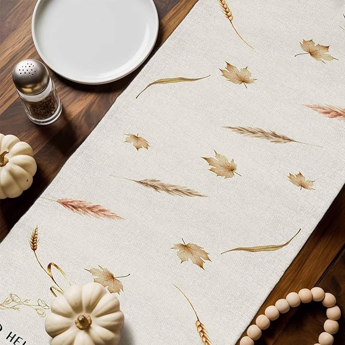 Fall Thanksgiving Cotton Linen Table Runner for Dining Kitchen, Orange Pumpkins Outdoor Party Autumn Tablerunners Decoration, Rustic Wheat Leaves Dresser Scarf Coffee Tablecloth Runners 13x60 Inches