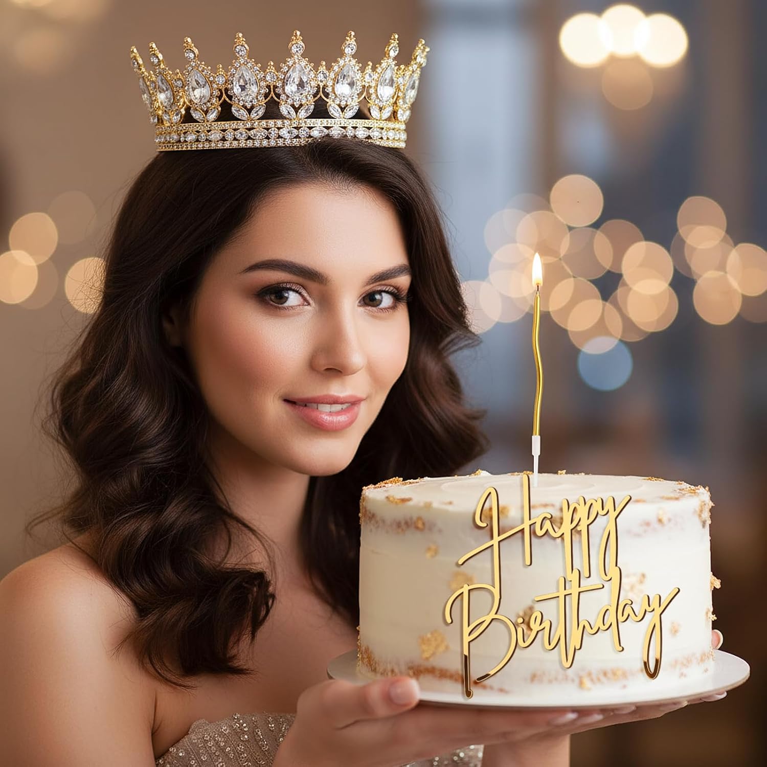 Highergo 8 Pcs Queen Crown Cake Topper Gold Rhinestone Crystal Tiara Birthday Cake Decoration for Women Princess Queen Wedding Party Photo Props