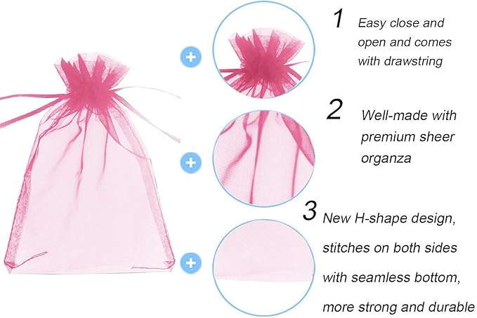 Wudygirl 100pcs Sheer Pink 5''X7 Organza Bags with Drawstring Jewelry Lipstick Pouches Baby Shower Party Wedding Favors Chocolate Candy Bags (Pink 5x7)