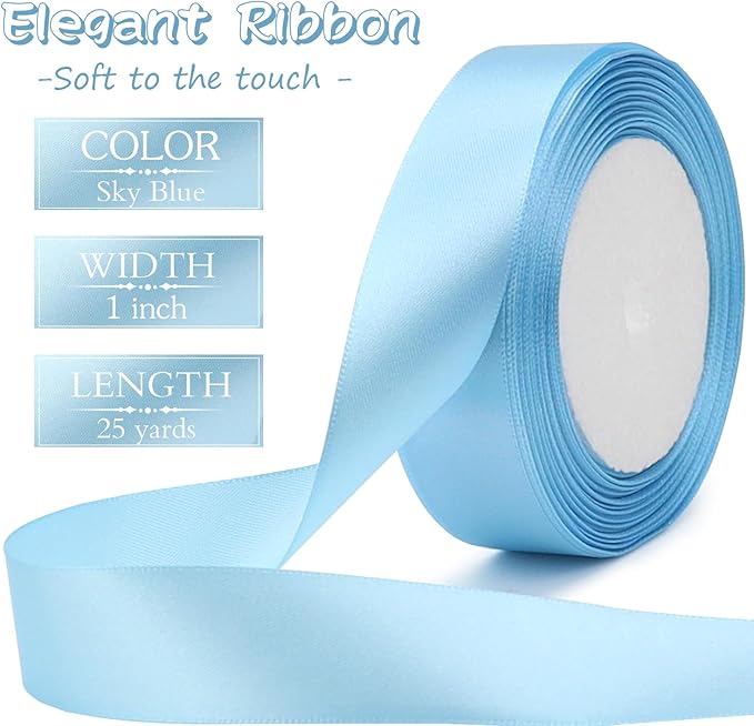 Sky blue Solid Satin Ribbon 1 Inch 25 Yards Solid Polyester Fabric Ribbon for Gift Wrapping Wedding Christmas Baby Shower Birthday Party Decoration Handmade Immortal Flower Craft