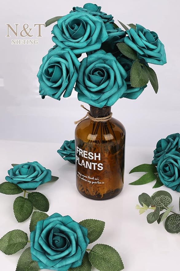N&T NIETING Artificial Flowers Foam Roses 25 pcs Peacock Green Fake Roses w/Stem for DIY Home Decor Indoor Outdoor Centerpieces Arrangements Bouquets