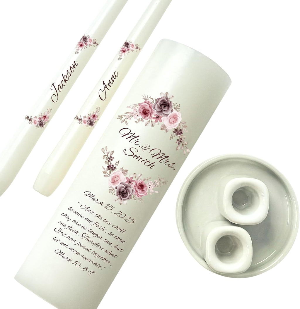Unity Candles for Wedding, Mr and Mrs Modern Unity Set, Custom and Personalized Pillar and Taper Candles with Bible Quote, Unscented White Premium Wax, Religious and Wedding Ceremony, Special Events