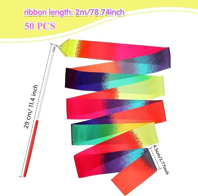 Yilloog 50 Pcs Ribbon Dancing Wands Party Favors, 78.7 Inch Artistic Gymnastics Ribbon Streamers Twirling Wands, Rainbow Birthday Decorations