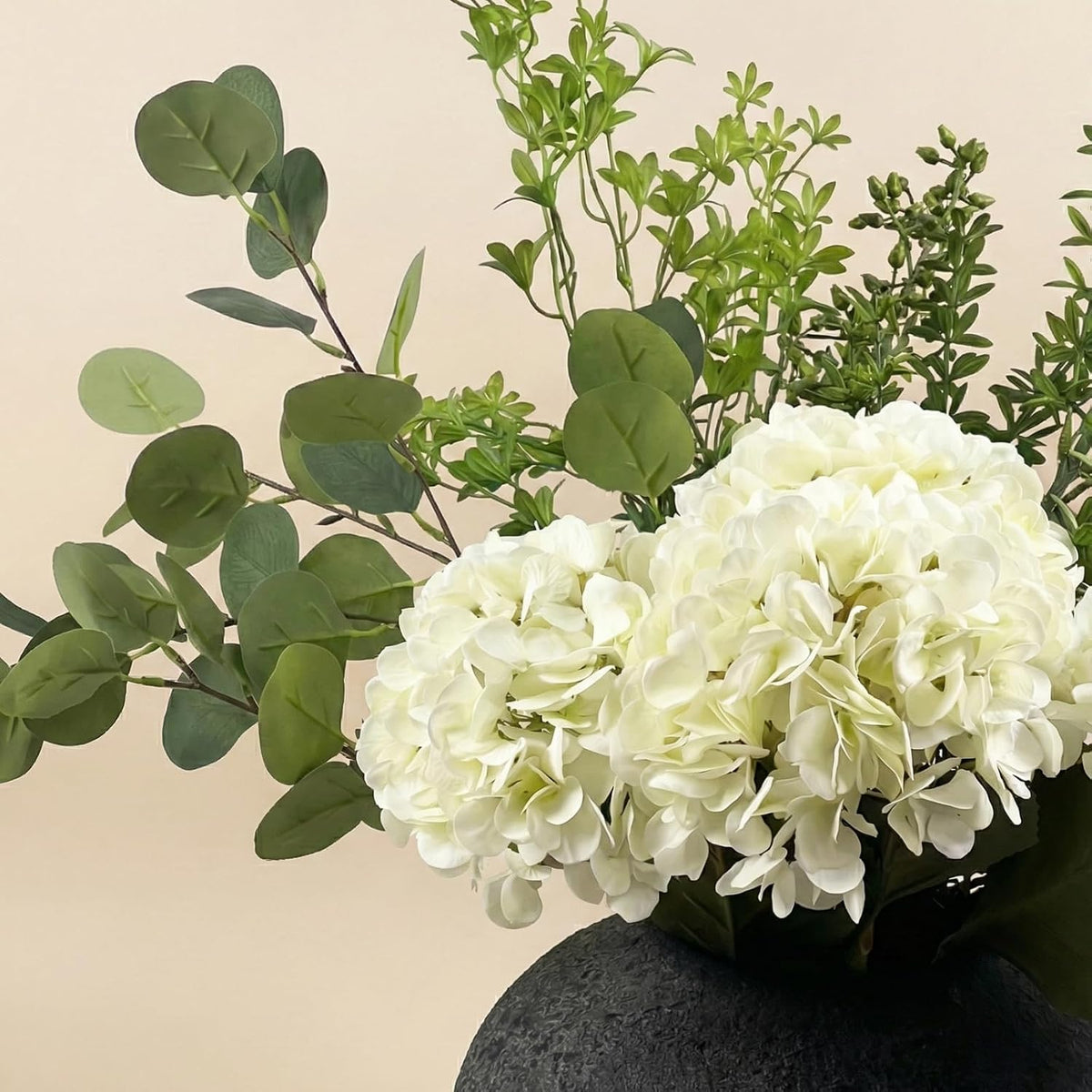 faux arrangement - eucalyptus & white hydrangea flowers, view 9