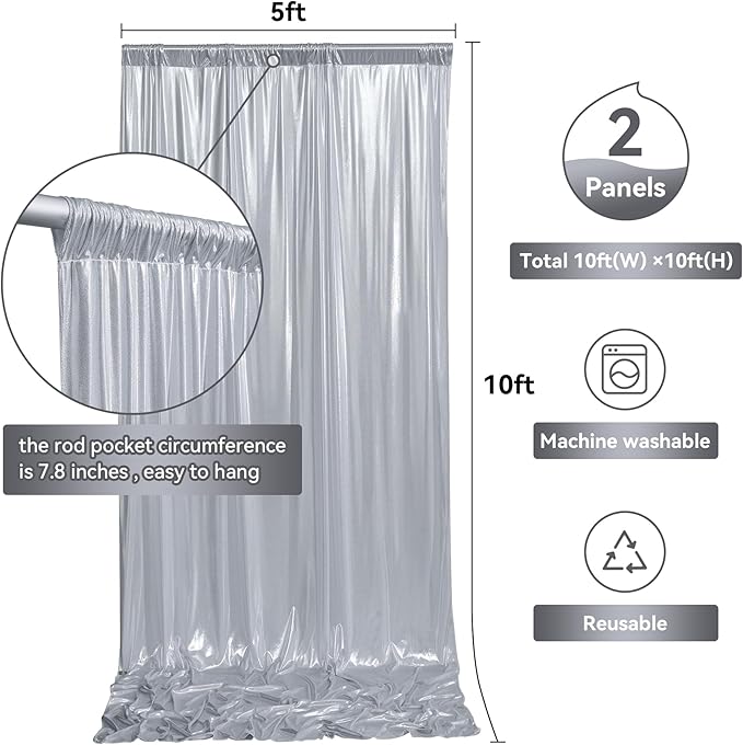 10ftx10ft Sequin Silver Backdrop Curtain for Parties, Wrinkle Free Thick Glitter Photo Backdrop Drapes 2 Panels 5x10FT Shimmer Back Drop Cloth for Wedding Birthday Christmas Photography Background