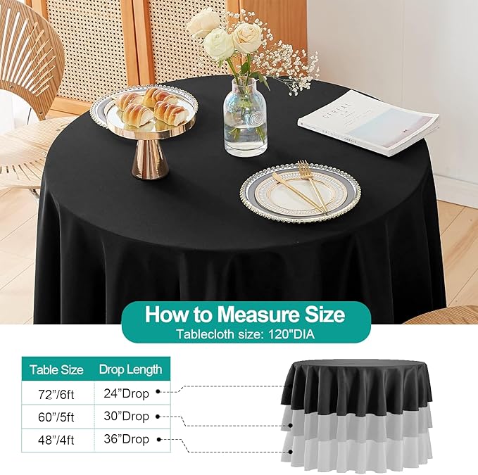 EMART Round Tablecloth Black (6 Pack) 120 inch Circular Polyester Table Cover for Wedding Decor, Birthday Party, Banquet and Formal Events