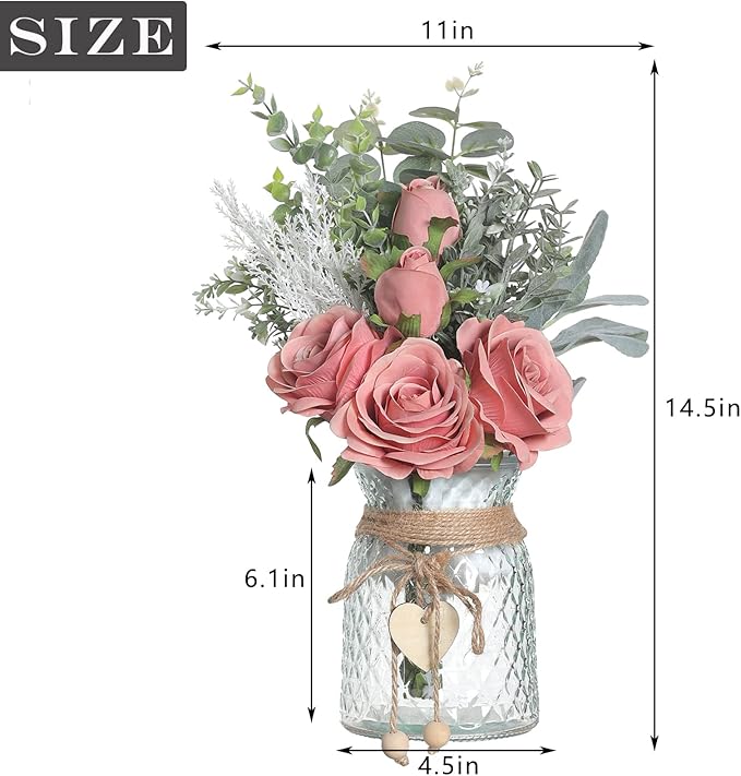 Faux Flowers with Vase,Artificial Silk Roses in Vase, Fake Plant Eucalyptus Flower Arrangement for Home Office Farmhouse Bathroom Dining Table Centerpiece Decorations Coffee Table Decor (Dusty Pink)
