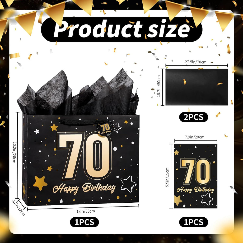 Powbrace 13" Black 70th Birthday Gift Bag with Tissue Paper and Greeting Card for Party,Happy Birthday Gift Bag for Men Women,Gift Bags Medium size(1 Black 70th)