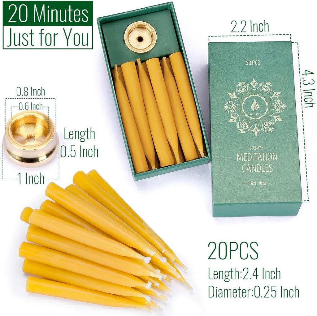 20-Minute Beeswax Meditation Candles, 20-Count with Brass Holder | 100% pure beeswax mini tapers, 20min burn timer, Includes brass holder, Dripless, Luxury tactile gift box