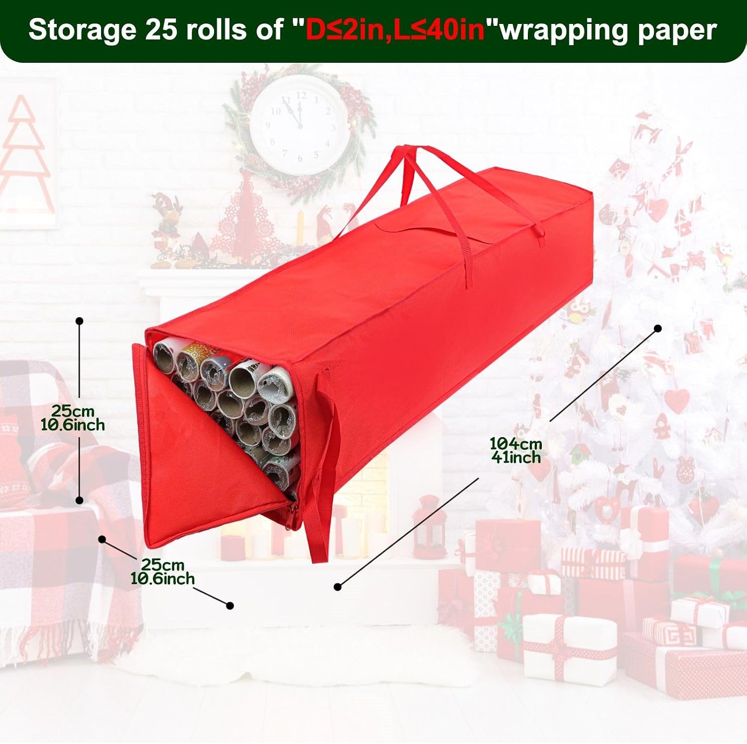 Demao Christmas Wrapping Paper Holder, Wrapping Paper Storage Bag for Christmas Rolls, Resistant 41 inch Organizer Storage Container, Stores up to 25 Standard Rolls