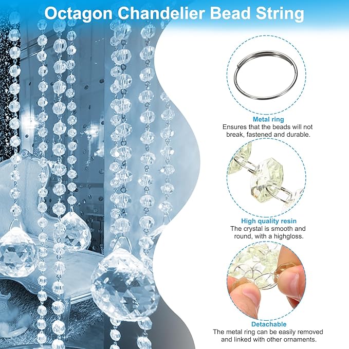 PATIKIL 14 mm Crystal Garland Strands, 16.4 Ft Acrylic Octagon Chandelier Bead Chains String for DIY Craft Wedding Party Home Decorative Jewelry Making, Champagne