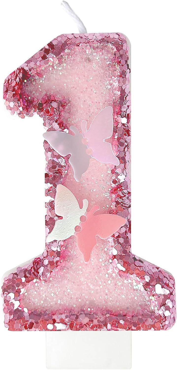 1st Birthday Candles, Glitter Butterfly Cake Toppers Pink Sequins Wedding Numeral Cupcake Decorations, Suitable for Girl and Boy Wedding Cakes, Party Celebrations, Birthday Decorations