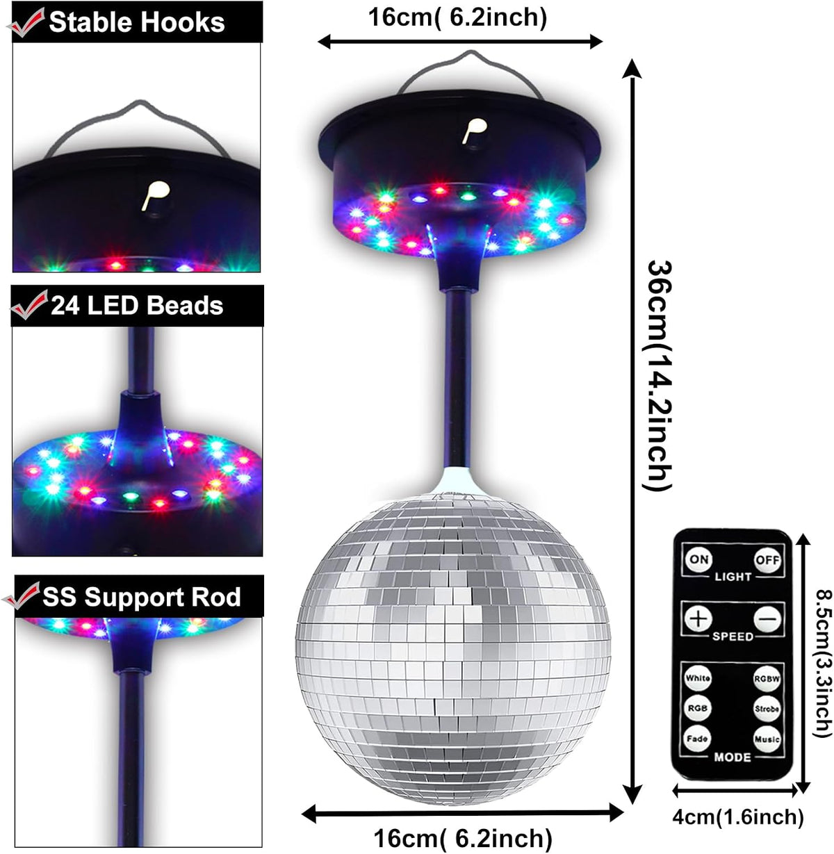 Mirrors Ball Light with Remote, 23 RGBW LED Adjustable Rotating Motor 5-10 RP...