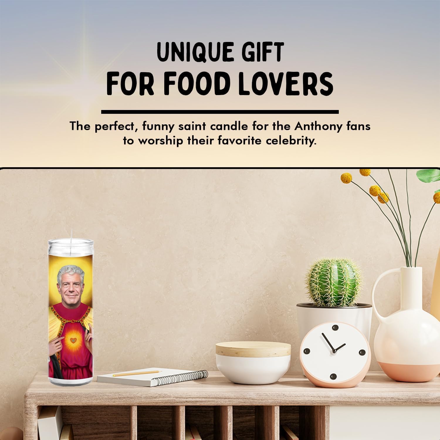 Anthony Celebrity Glass Jar Candle – Unscented Handmade Soy Wax Votive Candle – Unique Gift for Food Lovers – Home Decor Collectible for Living Room & Office – 8 Inch