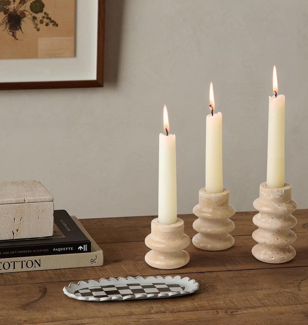Vixdonos Natural Stone Candle Holder Set of 3 Taper Candle Candlestick Mantle Candle Stand for Home Decor,Wedding,Party and Table Centerpieces(White)