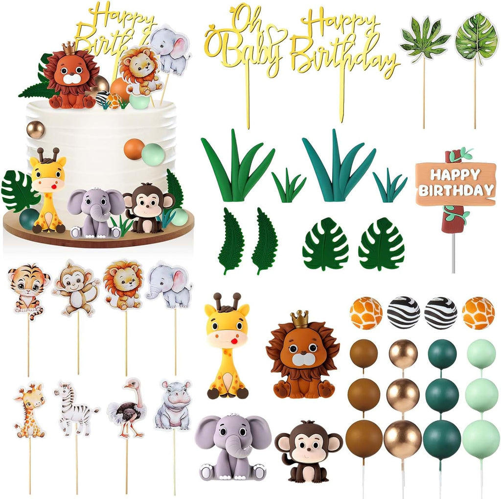 Tallew 42 Pcs Safari Jungle Animal Cake Toppers Wild One Lion Giraffe Elephant Monkey with Leaves Cake Decorations for Wild Zoo Birthday Baby Shower Party Supplies