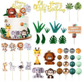 Tallew 42 Pcs Safari Jungle Animal Cake Toppers Wild One Lion Giraffe Elephant Monkey with Leaves Cake Decorations for Wild Zoo Birthday Baby Shower Party Supplies