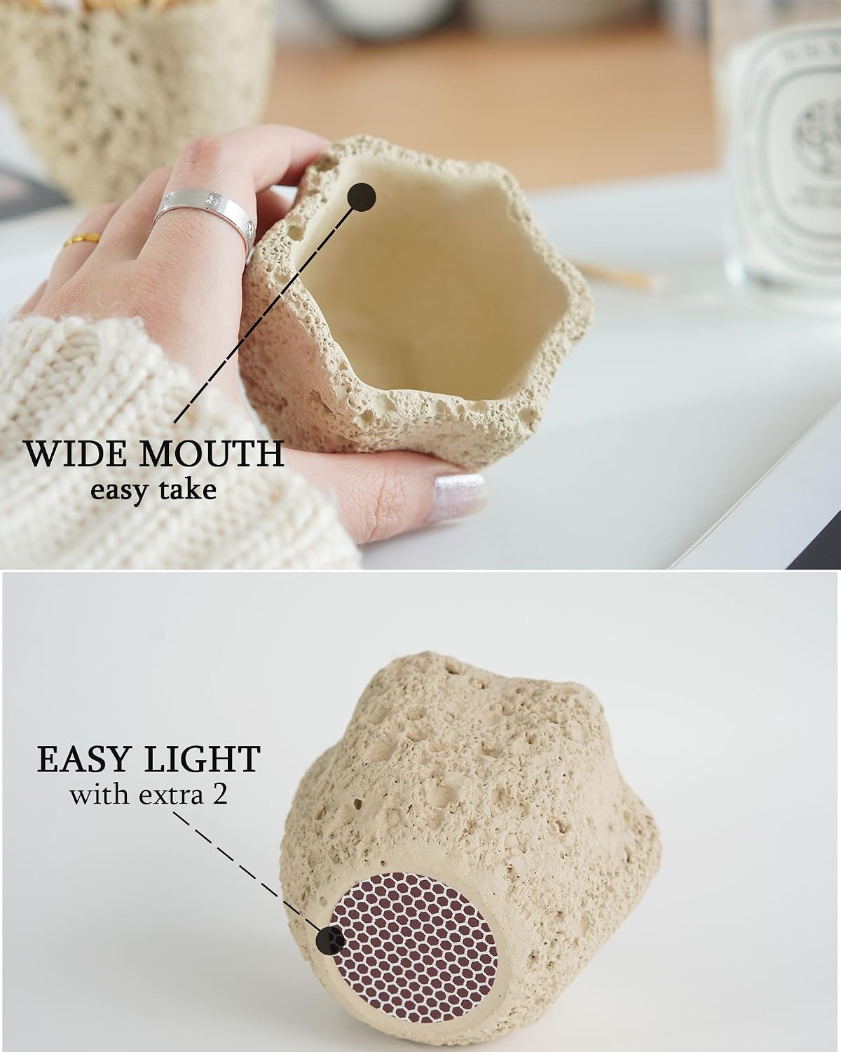 Concrete Matches Holder with Striker-Beautiful Petal Shape Match in Jar-for Cute/Fancy/Long Candle Match,Refresh Any Modern Home Decor with Premium floral Jar-No Matches (milky beige)