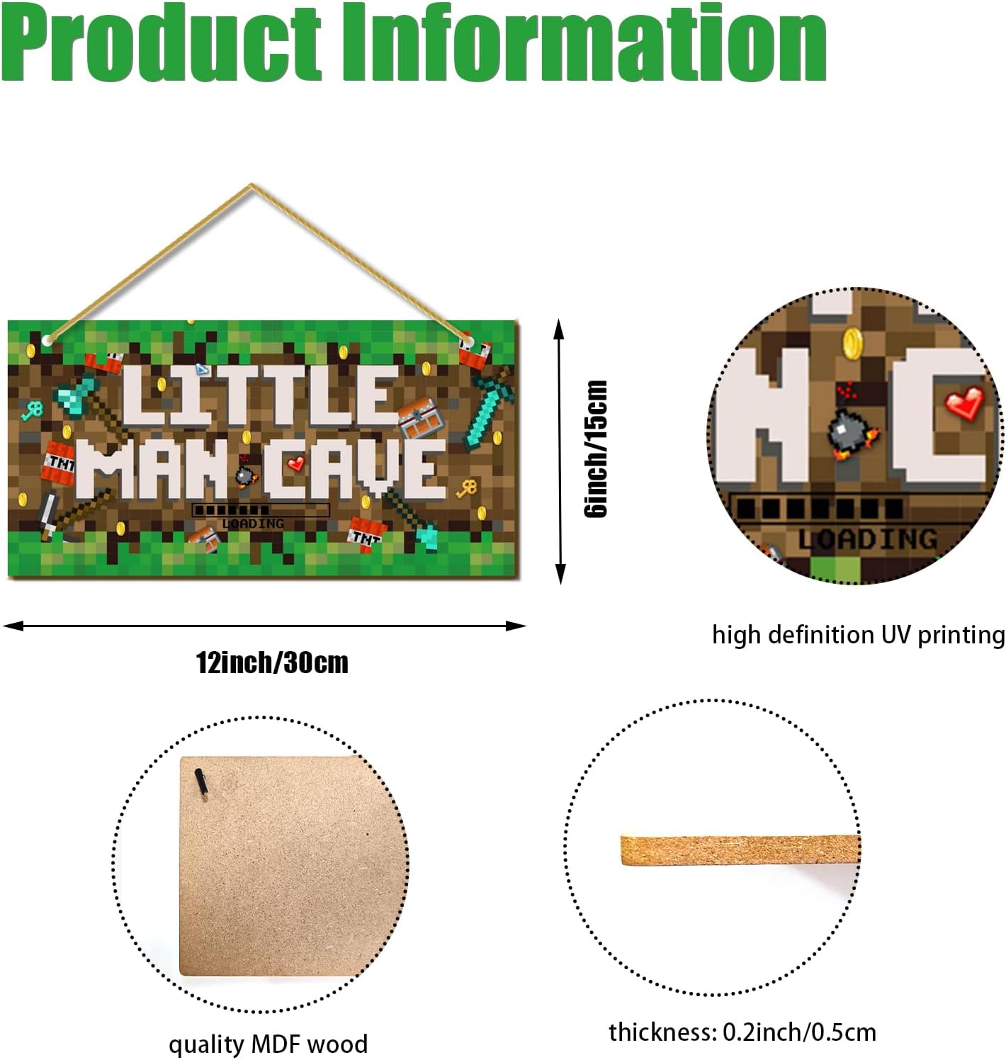 Little Man Cave, Boys Pixel Gaming Room Decor Wooden Door Sign for Gamer Room, Baby Boys Bedroom Wall Decorations for Nursery Toddler Nursery Playroom Wall Art