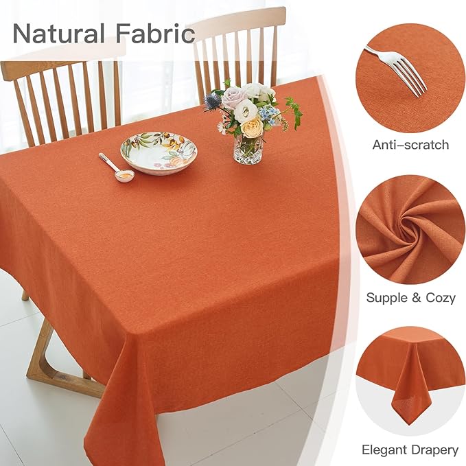 maxmill Linen Textured Rectangular Tablecloth Water Resistance Antiwrinkle Spillproof Fall Table Cloth for Dining Room, Thanksgiving Party Holiday Dinner, Halloween Tablecloths, 60 x 108 Inch, Rust
