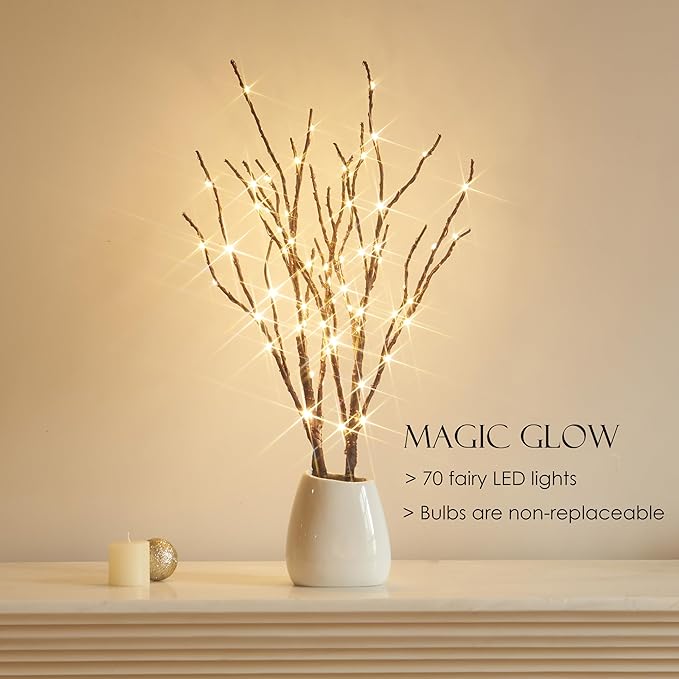 BAOLITVINE Lighted Willow Branches with Timer 70 Fairy Lights 18IN, Brown Twig Branch Lights for Indoor Outdoor Home Fireplace Christmas Decorations