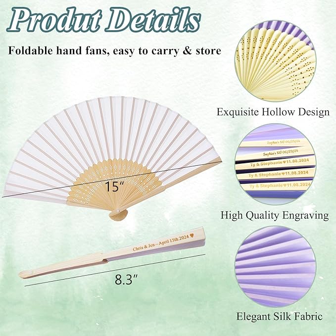 50pcs Personalized Purple Folded Hand Fans, Custom Folding Hand Fans for Wedding Guests, Wedding Gift Party Favors Church Fans Handheld, Birthday Party Supplies Bridal Shower Gifts