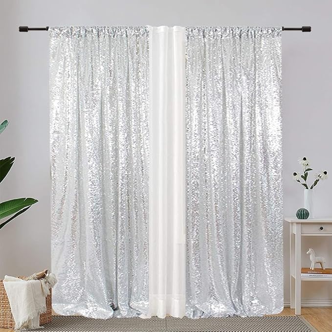 Eternal Beauty Sequin Backdrop Curtains, 2x8 Ft-2 Panels Silver Back Drop for Shimmer Photography Party Wedding Birthday Decor