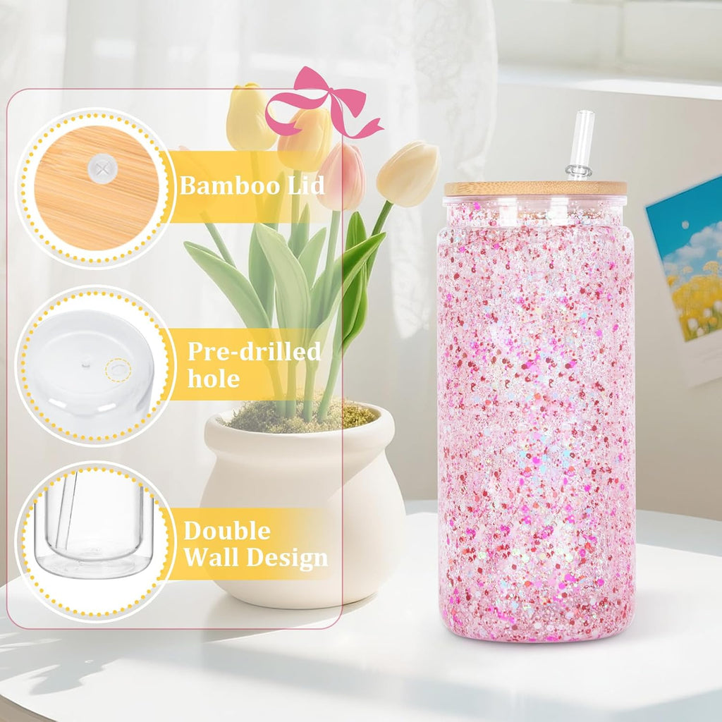 20 Oz Acrylic Snow Globe Tumbler, 16 Pack Pre-Drilled Double Wall Plastic Snowglobe Cup for Glitter Snow Globe Diy, with Bamboo Lid