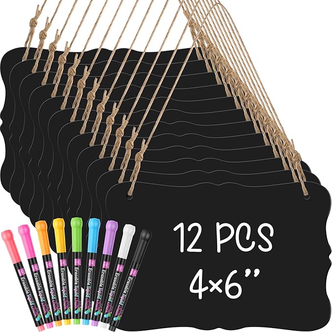 12 Pcs 4 x 6 Acrylic Chalkboard Hanging Sign with Chalk Markers Chalk Board Signs with Hanging String for Wedding Kitchen Home Party Decoration (Bracket)