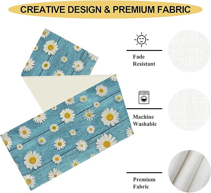 Daisy Floral Table Runner, Spring Seasonal Summer Wild Flower Rustic Country Farmhouse Table Center Decor for Home Kitchen Dining Patio Holiday Party Indoor Outdoor Table Decorations, 13"x72" Inch