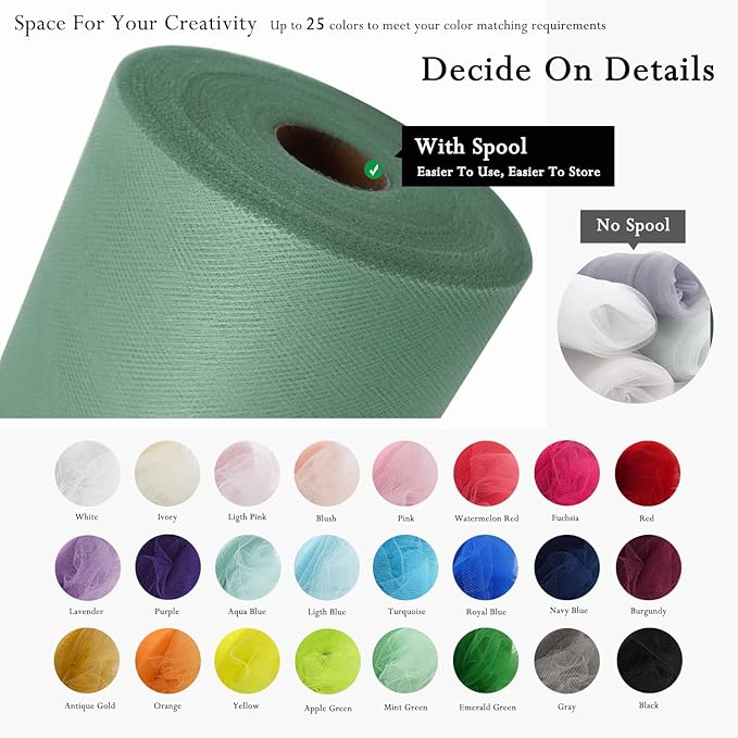 Sage Green Tulle Fabric Rolls 54 Inch by 40 Yards Tulle Bolt Spool for Wedding Decorations DIY Tutu Baby Shower Table Skirt Ceiling Decor Birthday Party Craft Supplies