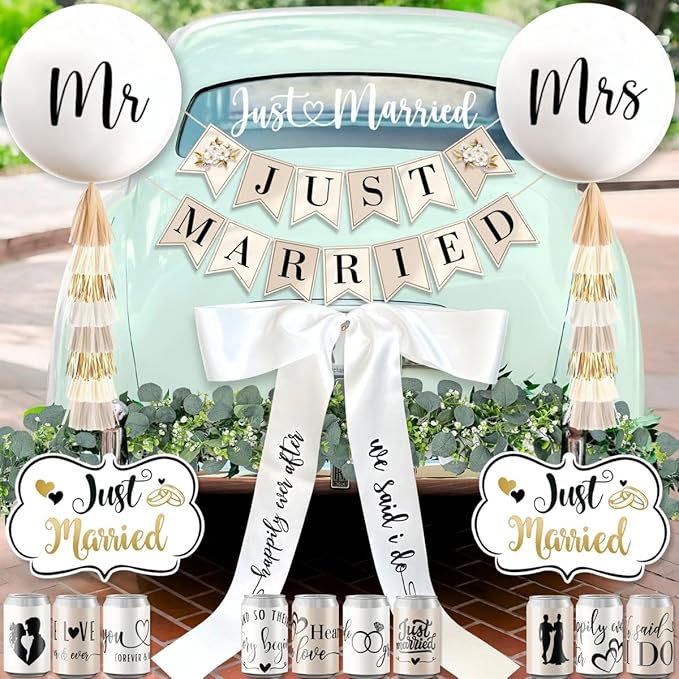 33 Pc Just Married Car Decorations – Wedding Reception & Ceremony Decor – Banners, Stickers & Balloons – Elegant Reusable Wedding Car Kit – Weather-Resistant & Easy to Apply – No Residue