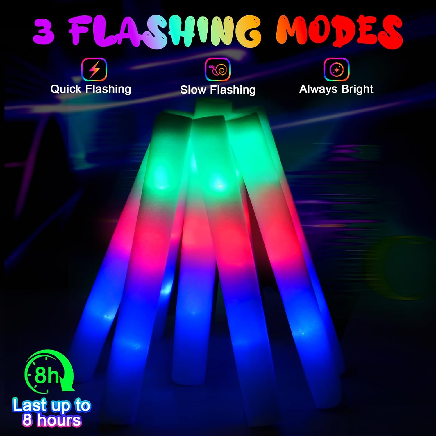 HONLYNE 46 PCS Foam Glow Sticks with 3 Modes Colorful Flashing, Foam Light Up Sticks, LED Light Sticks, Glow Sticks Party Pack for Halloween, New Year, Wedding, Raves, Concert, Christmas