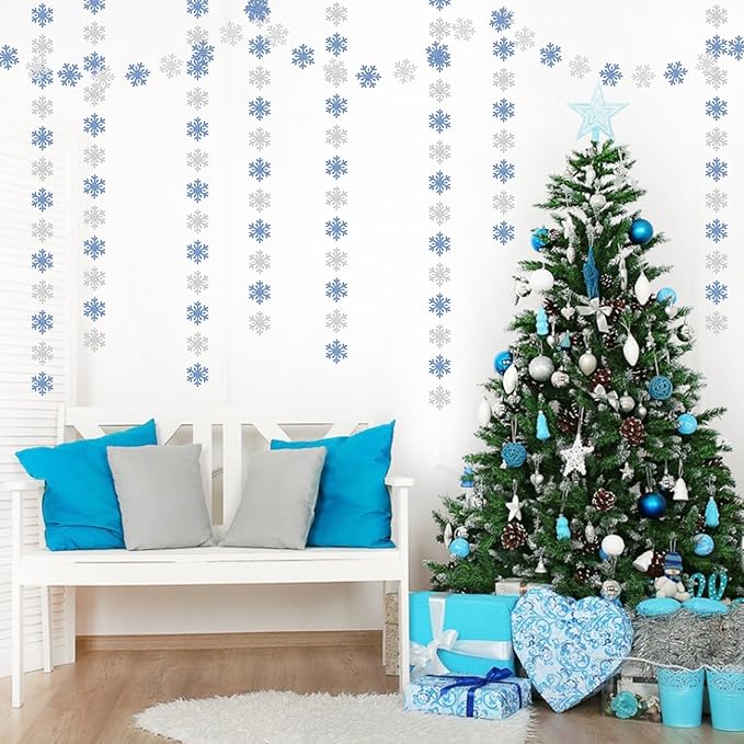Snowflake-Snow Blue-Silver Christmas Party-Decoration Garland - 52ft Winter Wonderland Frozen Ornaments Hanging Paper Streamers,New Years Birthday Baby Shower Ceiling Decor Hugfond