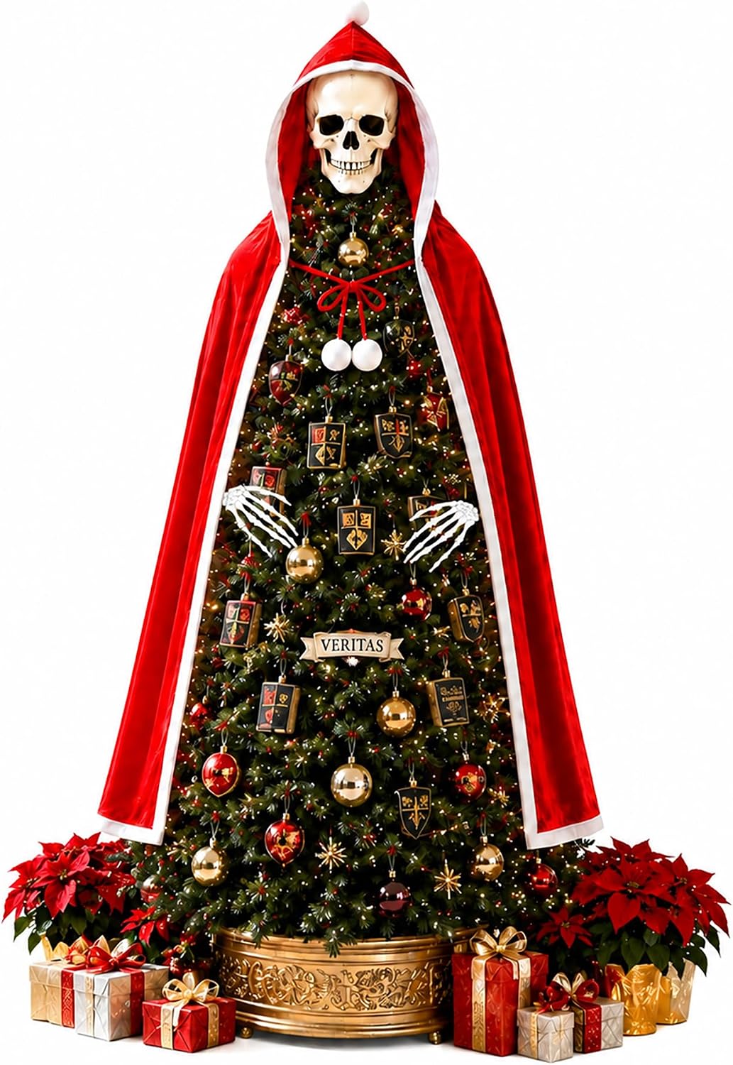 8" Christmas Skull Tree Topper and Red Cloak Skeleton Hand, Goth Xmas Decor