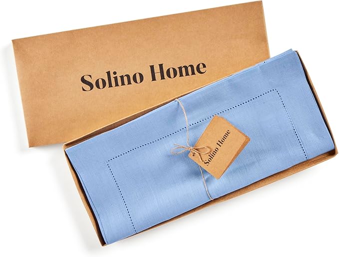 Solino Home Linen Cornflower Blue Hemstitch Table Runner 60 Inches - 100% Pure Linen Small Table Runner 14 x 60 Inch Ideal for Dresser and Coffee Tables - Classic Hemstitch - Christmas, Holiday