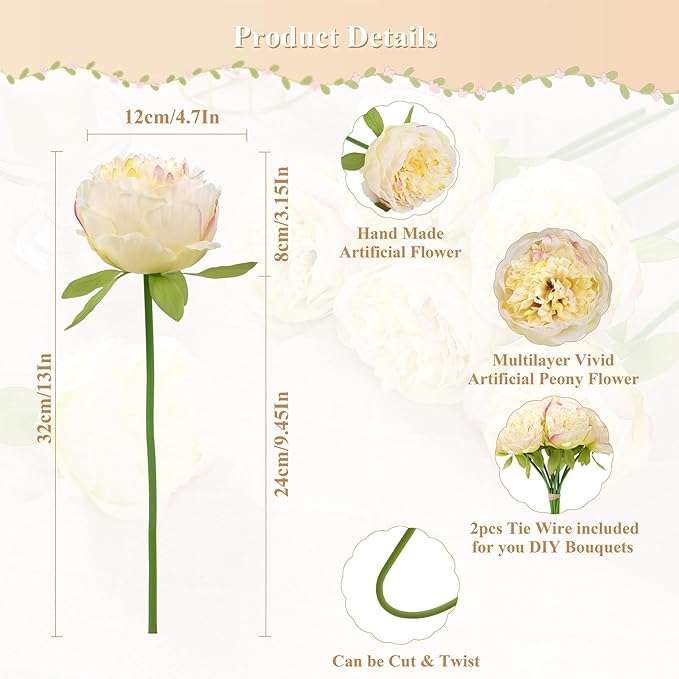U'Artlines 2 Bouquet 10 Heads Artificial Peony Silk Flower Leaf Home Office Wedding Party Festival Bar Decor (Champagne)