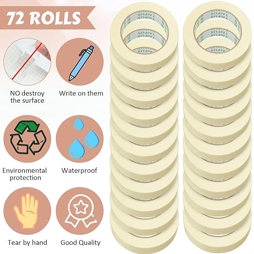 Masking Tape Bulk General Purpose Masking Painting Tape 55 Yards for Painting Home Office School Stationery Arts Crafts Basic Use, Easy Removal(72 Rolls,1 Inch)
