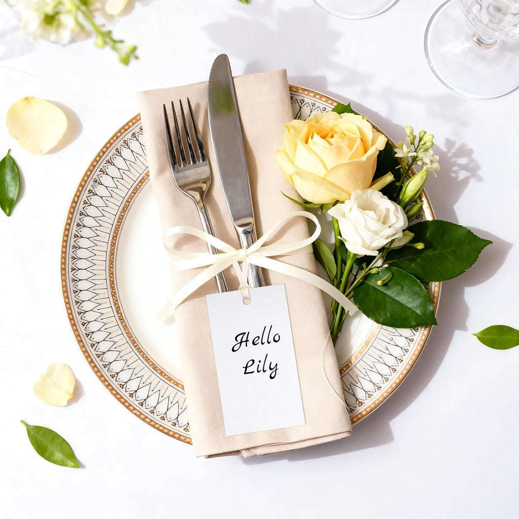 G2PLUS 50Pcs Name Place Cards - Wedding Place Cards with Ivory White Ribbon, Blank Paper Gift Tags 3.5x2 Inches for Wedding Favors, Bridal Shower & Party Table Setting