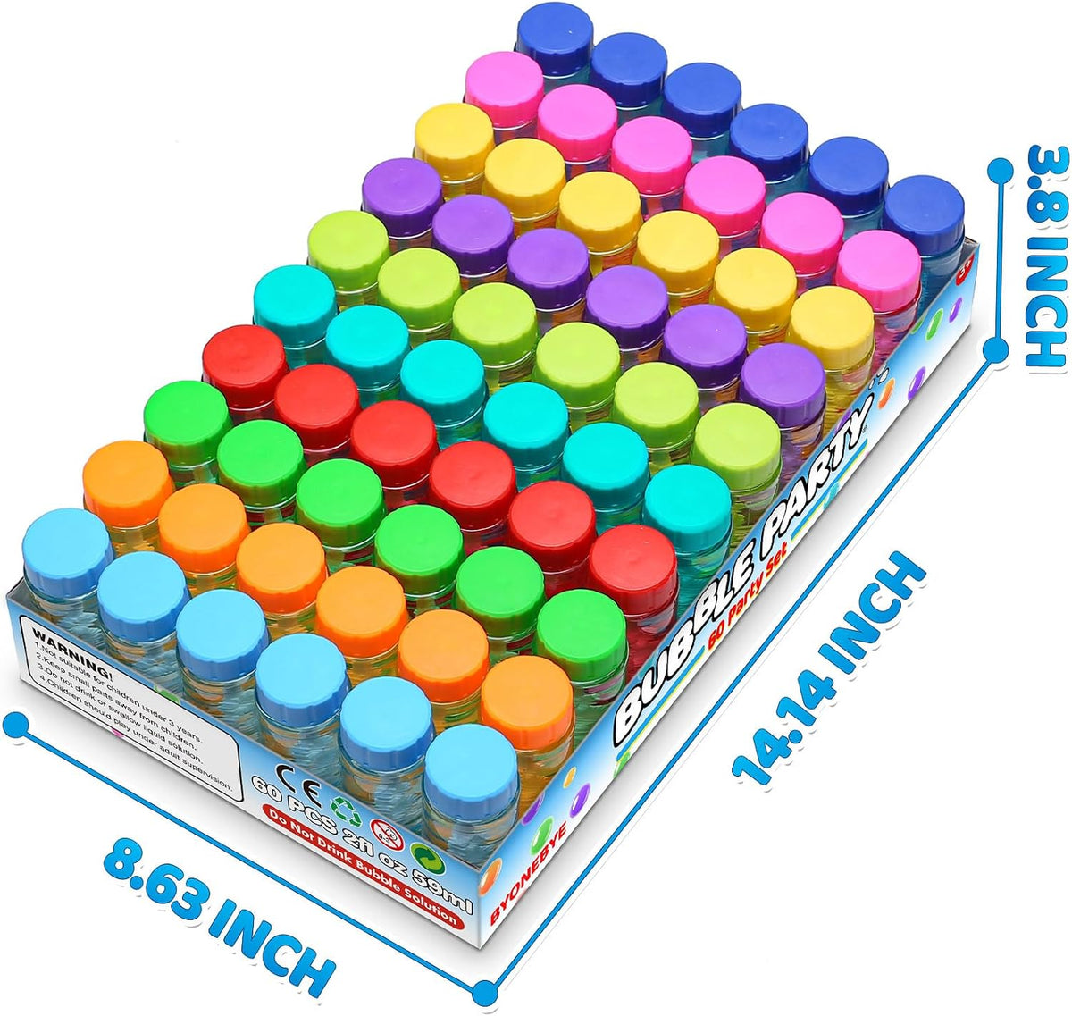 60 Pcs Neon Bubble Solution Bottles Bulk, Lid Attached Wands Party Favor