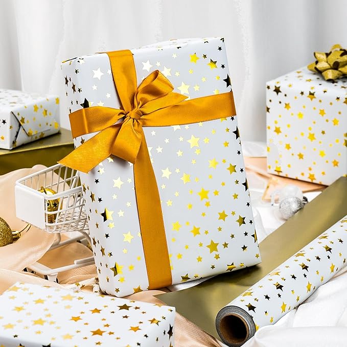 Burymento Gold Foil Five-Pointed Star Wrapping Paper, Reversible Gold Gift Wrap for Birthday, Valentines, Mothers day, Graduation, Wedding, Fathers day, Baby Shower, Christmas (17in x 32.8ft)