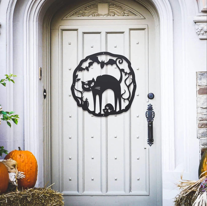 RealSteel Halloween Cat Wreath Metal Door Sign – Spooky Fall Front Door Decor for Indoor & Outdoor Use – Black Cat Halloween Wall Art – Gothic Holiday Decoration – Made in USA