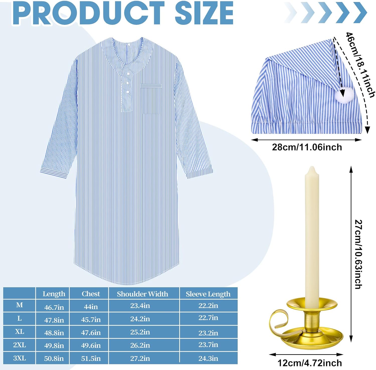Toulite 4 Pcs Christmas Men's Pajama Set Nightshirt Sleeping Cap Candle Holder Candle Nightgown Gown Costume for Xmas Holiday(Medium)