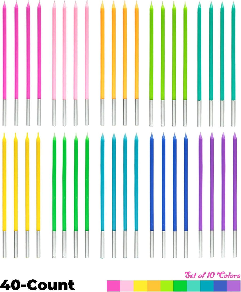 40-Count Rainbow Birthday Candles, Tall Thin Birthday Cake Candles Set, Rainbow Cupcake/Cake Decorations
