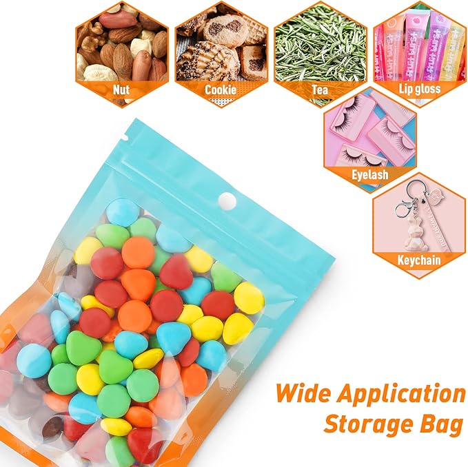 Funfery 100 Pack Gradient Holographic Bags,Mylar Resealable Bag with Zipper,Clear Window Packaging Pouch,Smell Proof Bags for Food Storage,Sample Jewelry Baggies(5.5x7.9In,Blue Orange)