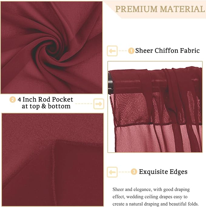 MODFUNS Burgundy Ceiling Drapes for Weddings 5FTx20FT 2 Panels Sheer Wedding Arch Draping Chiffon Fabric Ceiling Drapery Arbor Archway Drapes Tulle Curtains for Ceremony Swag Wedding Decorations