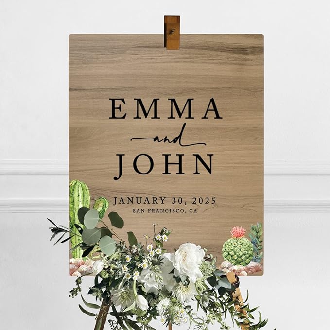Andaz Press Large Wooden Welcome Sign for Wedding, Rustic Welcome Sign 16" x 20" Custom Names Desert Chic Cactus Wedding Signage English Oak MDF Wood Finish Wedding Reception Indoor Outdoor Signs