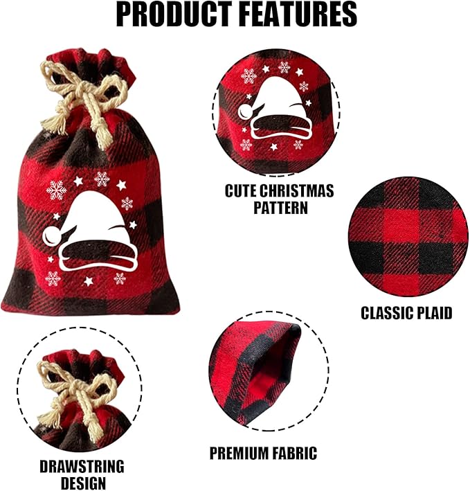 CCINEE 36Pcs Christmas Buffalo Plaid Drawstring Bags Red and Black Plaid Xmas Burlap Bag Reusable Treat Candy Bag Cotton Gift Bags with Drawstrings for Candy Wrapper Christmas Party Favors