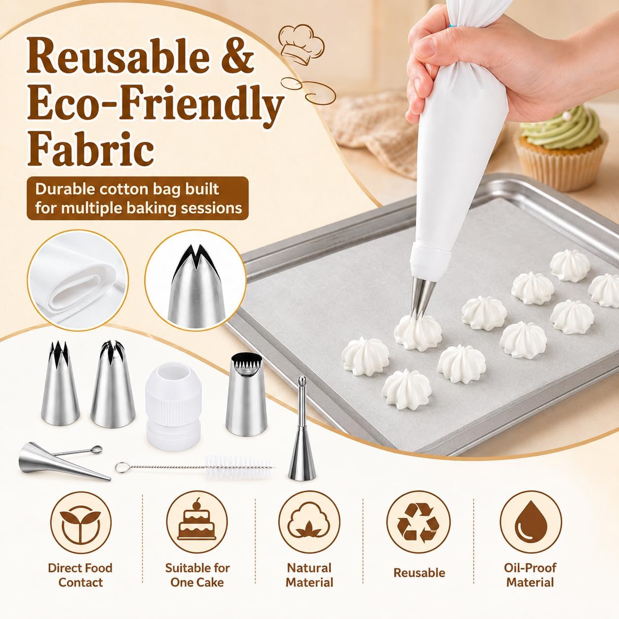 10-Piece Reusable Piping Bags and Tips Set-Cotton Baking Kit with Coupler,16inch Pastry Bags,Stainless Steel Nozzles & Cleaner for Cakes/Cupcakes/Cookies Decorating (10 Pcs)