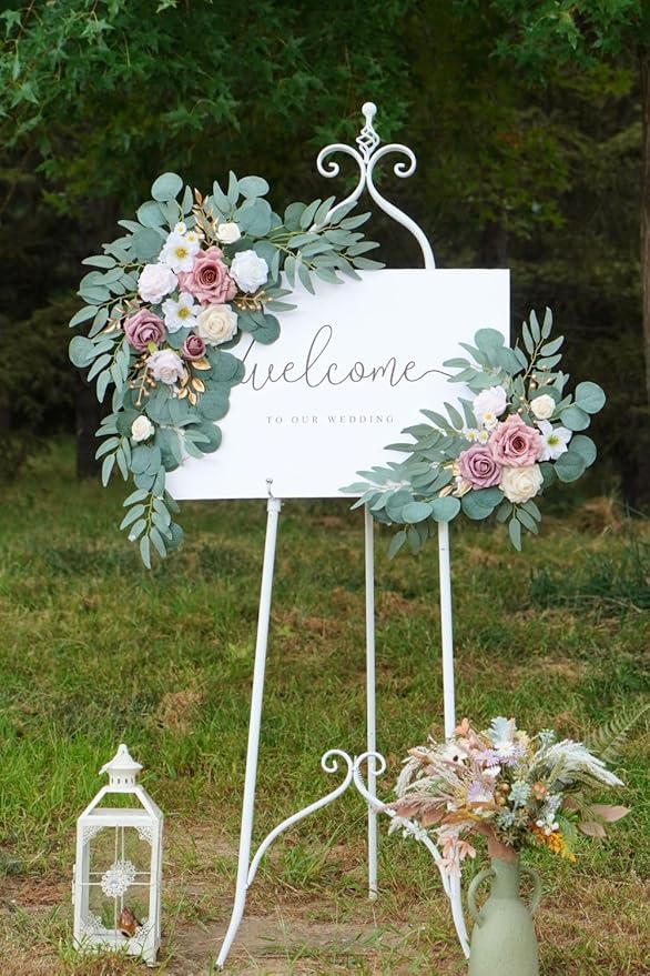 Wedding Sign Faux Flower Swag (Pack of 2) for Ceremony Party Reception Entrance Floral Decor Wall Easel Stand for Wedding Poster Welcome Sign (Champagne&Dusty Rose)